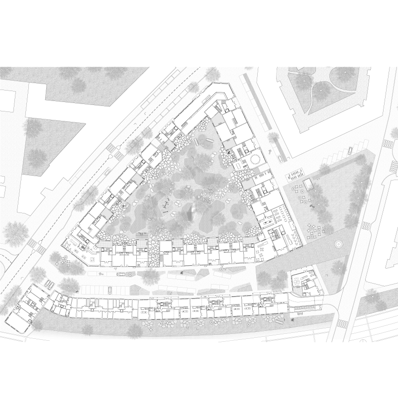 City, at last. Rendez-vous with Giovanni Muzio. Mezzogiorno. Competition city district Himmelrich, Lucerne, Switzerland, 2012. – General ground floor plan of the site.